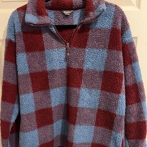 Eddie Bauer Red and Blue Checkered Zip-Up Sweater. Size L.